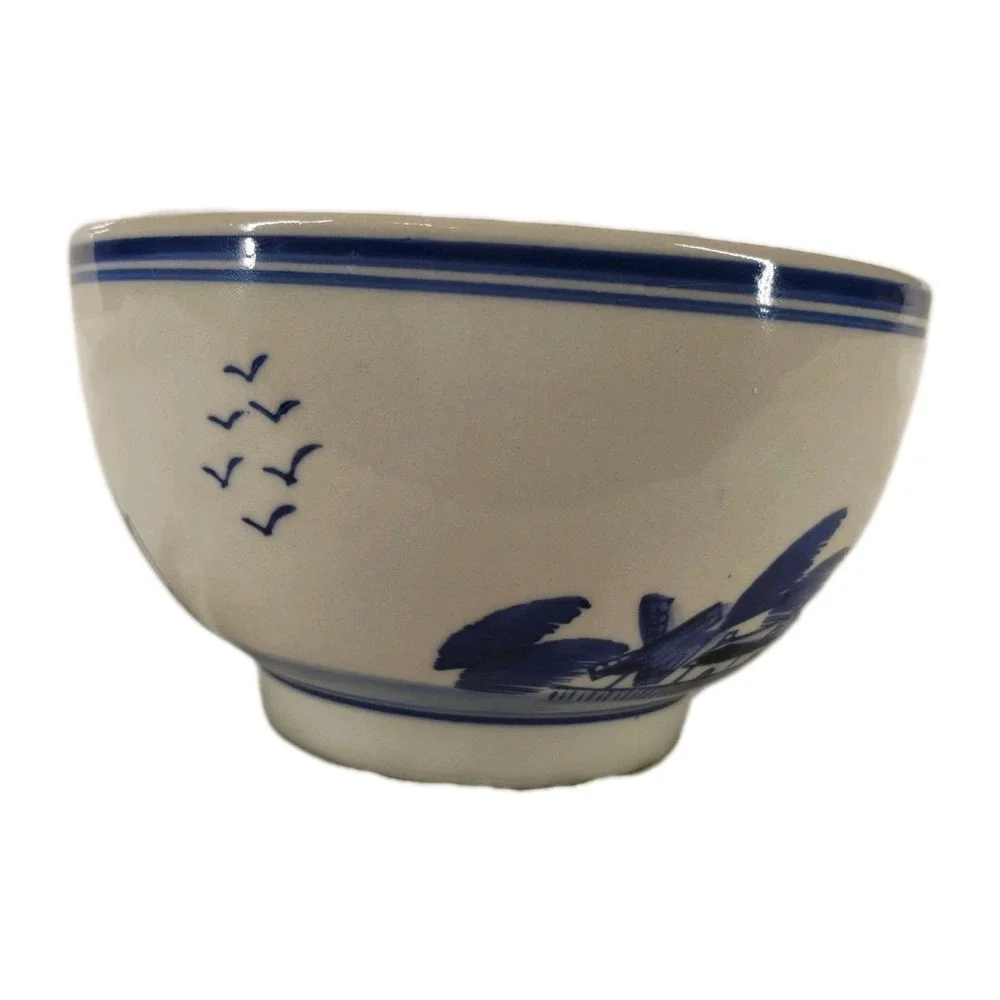 Vintage Delft Style Ceramic Cereal Bowl Blue & Cream Holland Windmills Sailboats